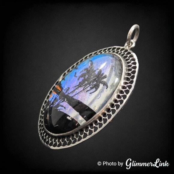 VTG Butterfly Wing Tropical Beach Scene Sterling Silver Oval Filigree Pendant - Picture 3 of 7